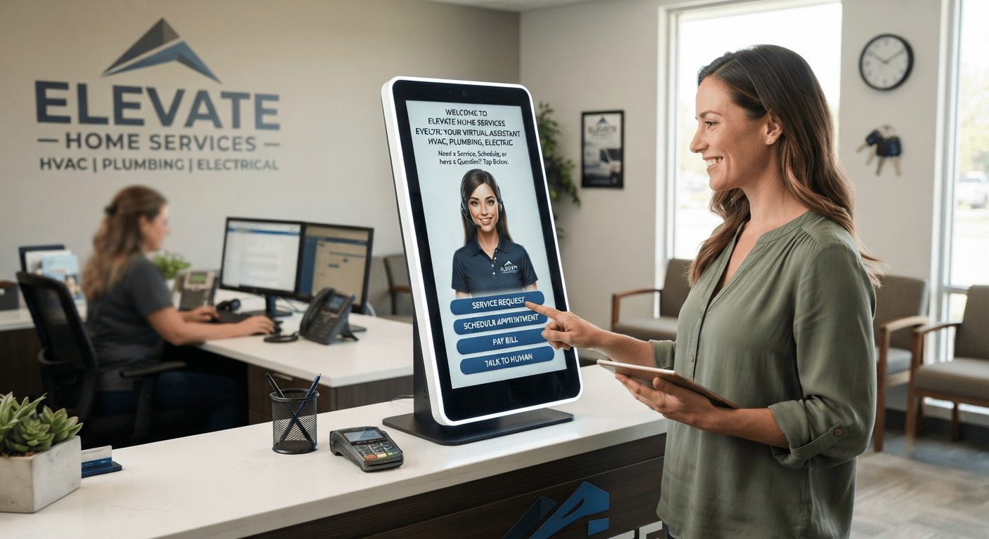 AI receptionist tablet on the front desk of an HVAC / plumbing / electric services dispatch office, handling an emergency call