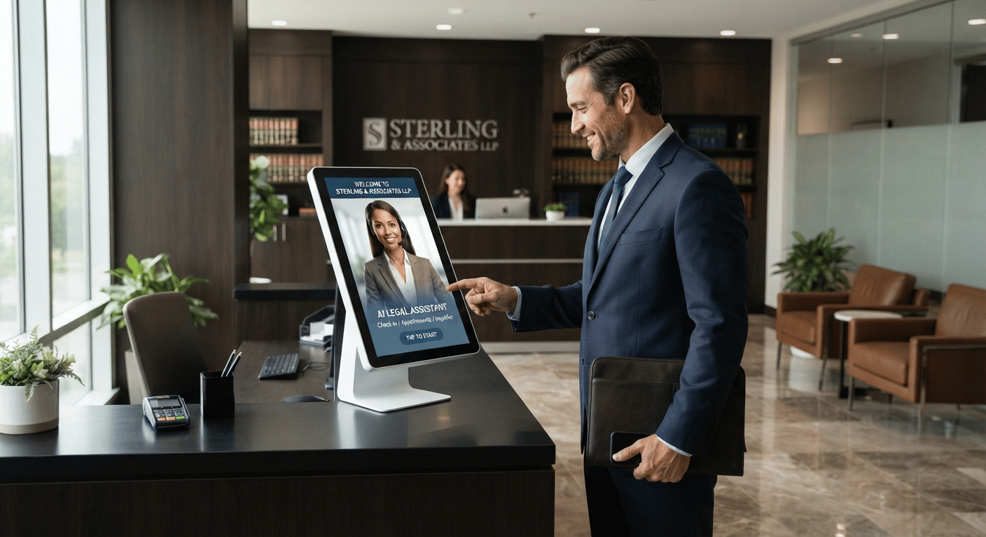 AI receptionist screen at a law firm reception desk, greeting a new client and running a conflict-check