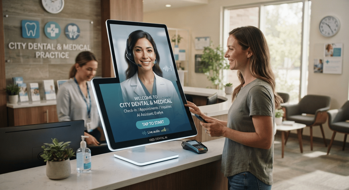 AI receptionist screen greeting a patient at a dental practice front desk