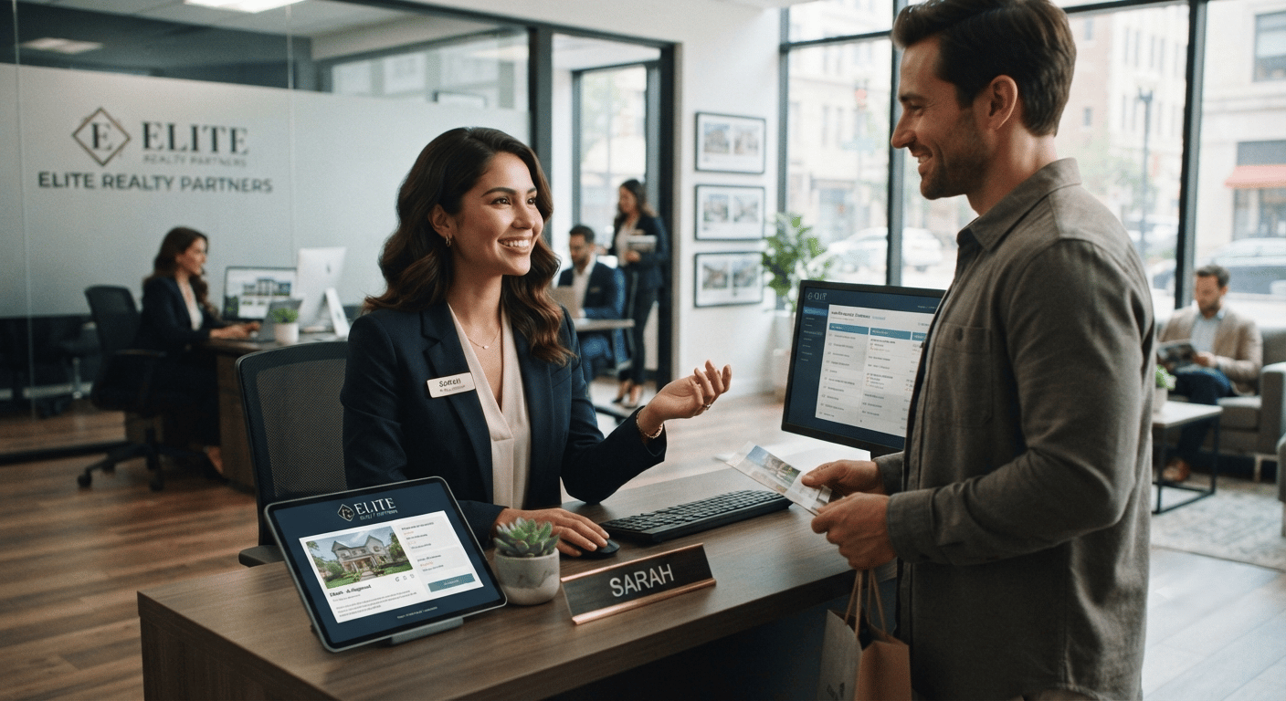 AI receptionist tablet on the desk of a real estate team, handling an after-hours showing request against live MLS status