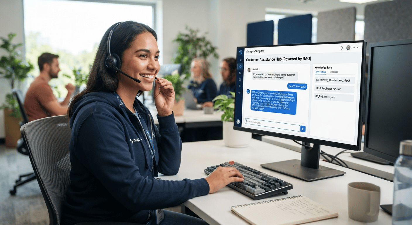 RAG chatbot widget on a customer-support help-center page showing a citation-anchored answer with source links