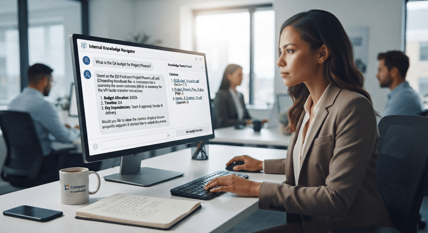 AI knowledge base bot answering an employee question in Slack, with citations back to internal Notion and Confluence pages